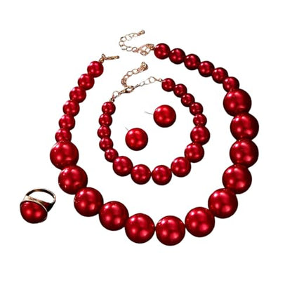 Colorful Round Beaded Earrings Neacklace Set Retro Imitation Pearls Beaded Bracelet Geometric Acrylic Beads Dangle Earrings 70s 80s Exaggerated Necklace Bracelet Jewelry - color: Red B