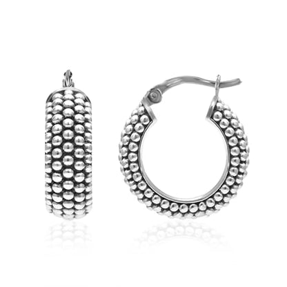LeCalla 925 Sterling Silver Bali-Style Hoop Earrings Lightweight Click-Top Antique Two-Tone Beaded Italian Bali Style Earring Hoops for Women - style: Chunky Round Beaded