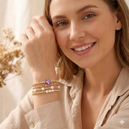 Gold Bracelets for Women, Beaded Cross Stack, Non Tarnish Set，Set-1 | Gold Beaded Bracelet Stack with Stretch Fit, Waterproof Finish and Dainty Design for Everyday Wear and Gifts - color: Colors-5