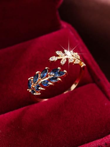 Adjustable Open Leaf & Vine Ring with Gemstone & Diamond | Cuff Deco Ring for Women Men | Adjustable Cuff Vine Leaf Deco Rings - color: Gold Blue