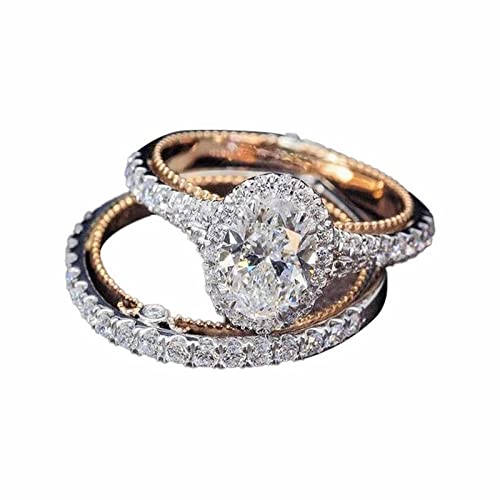 Elegant 2Pcs Women Engagement Ring CZ Simulated Diamond Ring Set with Oval Solitaire Proposal Rings Wedding Bands (Rose Gold, 5) - color: Rose Gold, size: 5