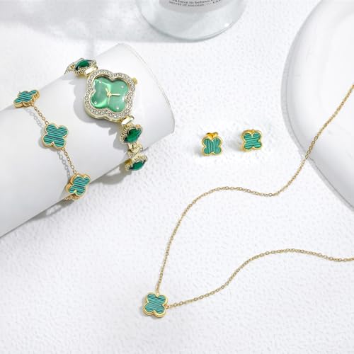 5 Pieces Lucky Clover Jewelry Set for Women Gold Jewelry Set 18K Gold Plated Flower Design Five Leaf Necklace Bracelet Ring Earrings for Women - color: Clover Green Watch