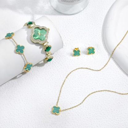 5 Pieces Lucky Clover Jewelry Set for Women Gold Jewelry Set 18K Gold Plated Flower Design Five Leaf Necklace Bracelet Ring Earrings for Women - color: Clover Green Watch