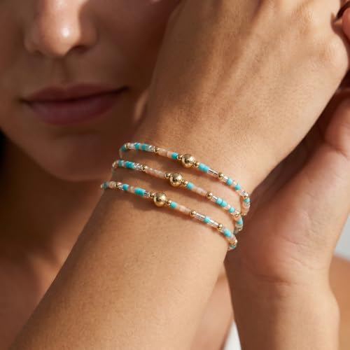 Small Seed Beaded Stack Bracelets Set for Women,Boho Handmade 3Pcs Colorful Glass Gold Stretch Accessories Jewelry, Summer Beach Wear Holiday Friendship Gift - color: Green