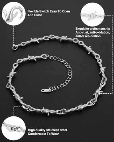 Stainless Steel Gothic Y2K Punk Rock Emo Biker Pendant Necklace | Cosplay Vintage Viking Alt Edgy Fashion Charm Necklace Jewelry for Men Women Active Daily Wear - style: Barbed Wire Necklace Bracelet(No cross)