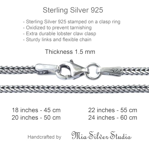 Solid 925 Sterling Silver Foxtail Chain Necklace, Width 1.5mm - Oxidized Non-Tarnish Unisex Snake Design Wheat Chain Necklace for Men Women 17.7" 19.7" 21.6" 23.6" Inch - Handmade - style: 25.6" - 65 cm