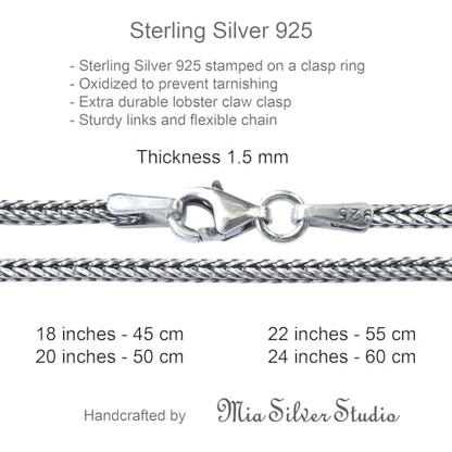 Solid 925 Sterling Silver Foxtail Chain Necklace, Width 1.5mm - Oxidized Non-Tarnish Unisex Snake Design Wheat Chain Necklace for Men Women 17.7" 19.7" 21.6" 23.6" Inch - Handmade - style: 25.6" - 65 cm
