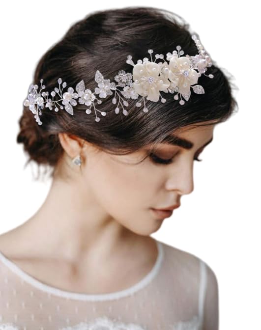 Bride Wedding Headband, Bridal Headpiece, Crystal Pearl Hair Tiara, Rhinestone Bridesmaids Hair Jewelry for Women Party | Ribbon-Tie Design, Faux Pearl Accents And Layered Flowers For Brides And Bridesmaids