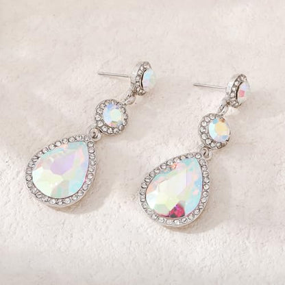 YINLI Elegant Wedding Bridal Crystal Tear Drop Dangle Earrings for Women - color: AB,Silver