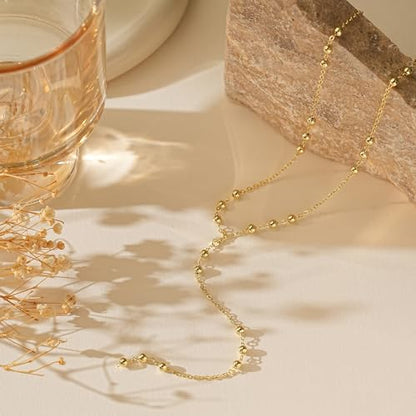 14K Gold Plated Layered Lariat Necklace for Women - Waterproof Non-Tarnish Dainty Gold Chain Necklace, Long Boho Statement Jewelry for Wedding, Prom, Summer Vacation Gifts - color: Beads Y Necklace-Gold