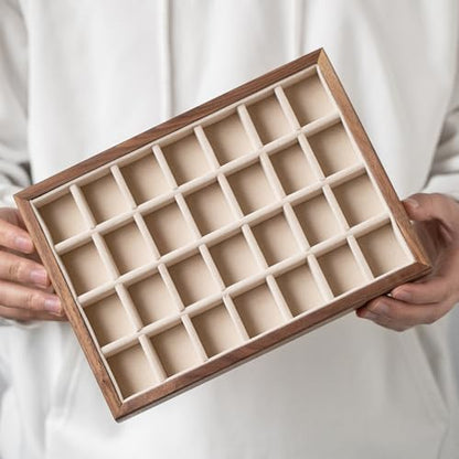 28-Grid Black Walnut Wooden Jewelry Tray with Velvet Lining, Premium Jewelry Display Tray for Earrings and Rings, Drawer Organizer Display Tray for Women's Jewelry Collection - color: 28 grid