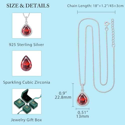 FJ Teardrop Pendant Necklace 925 Sterling Silver Birthstone Jewelry for Women - color: 01 January-Garnet