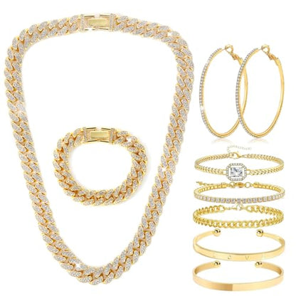 8 PcsCuban Link Chain jewelry sets for Woman with Rhinestone Necklace Bracelet Earrings Bling Diamond chunky Chain Jewelry - color: Golden A, size: 20inch