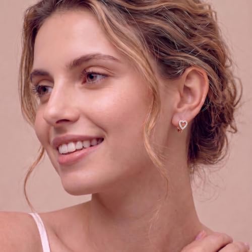 SLUYNZ Sterling Silver Love Heart Huggie Earrings for Women Teens CZ Love Heart Hoop Earrings for Valentines Day - color: C-Rose Color