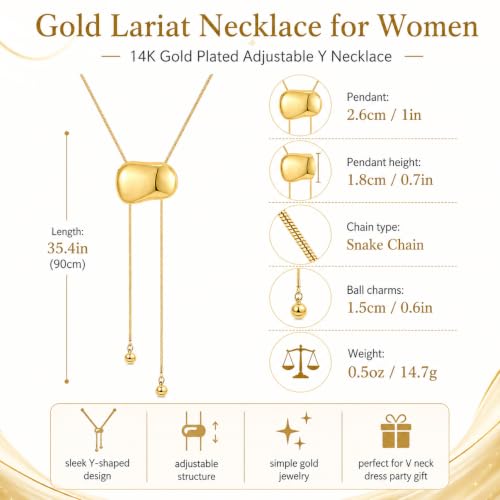 YUJIE Long Gold Y Necklace for Women - Adjustable Lariat Pendant Snake Chain, 14K Gold Plated Dainty Teardrop Necklace for Trendy & Formal Wear - color: pebble