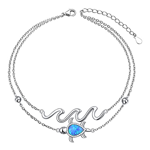 Flyow Anklet for Women S925 Sterling Silver Adjustable Foot Beaded Heart Charm Ankle Bracelet Anklets Jewelry - style: opal turtle