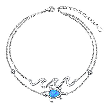 Flyow Anklet for Women S925 Sterling Silver Adjustable Foot Beaded Heart Charm Ankle Bracelet Anklets Jewelry - style: opal turtle