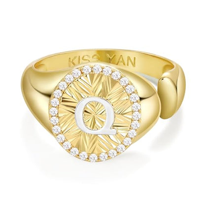 KissYan 14K Gold Plated Initial Ring for Women | Adjustable CZ Halo Letter Signet Ring, Personalized Monogram Statement Jewelry Gift, Tarnish Resistant - style: Letter Q