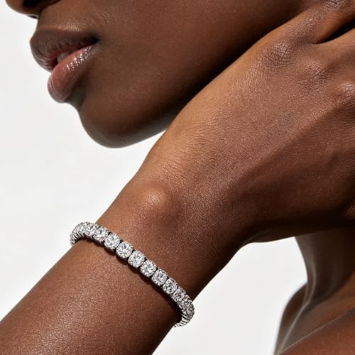 2PCS Silver Tennis Bracelets Set for Women, Sparkling Cubic Zirconia Bracelet with Secure Box Clasp, Elegant Stackable Silver Bracelet for Wedding, Party & Daily Wear