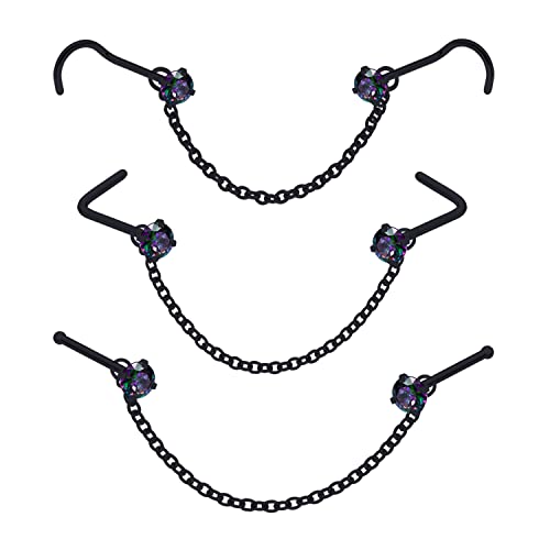 Nose Ring Chain Across Nose Black Stainless Steel Nostril Nose Piercing Chain with Cubic Zirconia Nose Screw Bone L-Shaped Ring for Women Body Piercing Nostril Jewelry with Bridge Chain - color: Black-Single Nose Chain Studs