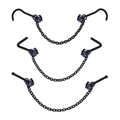 Nose Ring Chain Across Nose Black Stainless Steel Nostril Nose Piercing Chain with Cubic Zirconia Nose Screw Bone L-Shaped Ring for Women Body Piercing Nostril Jewelry with Bridge Chain - color: Black-Single Nose Chain Studs