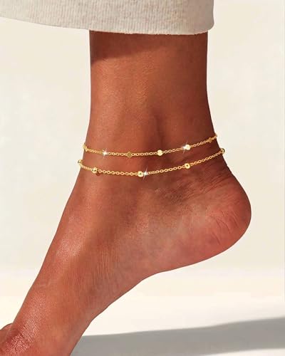 Warshion Ankle Bracelets for Women - 14K Gold Plated Waterproof Gold Anklet Delicate Chain Women's Anklets Summer Beach Pearl Jewelry Layering Gift Non Tarnish - style: ANKLETS-C