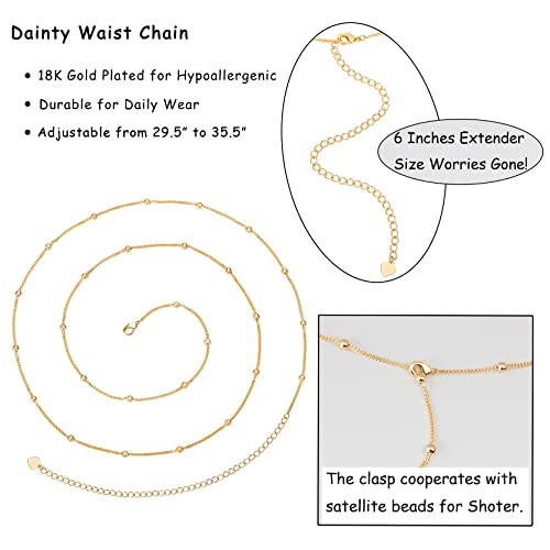 Adjustable 18k Gold Plated Waist Chain, Beach Bikini Body Chain, Handmade Boho Belly Chain - color: Golden