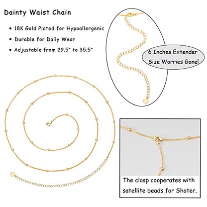 Adjustable 18k Gold Plated Waist Chain, Beach Bikini Body Chain, Handmade Boho Belly Chain - color: Golden