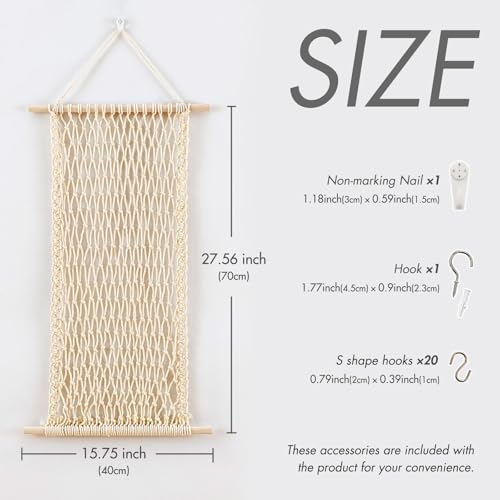 Hanging Jewelry Mesh Organizer with 20 Pieces S Shape Hooks | Macrame,Wall Mounted,Necklaces Storage,Earring Display Rack,Girls Hair Clips Hanger,for Bracelets and Rings, Yellow Cotton - color: Yellow cotton