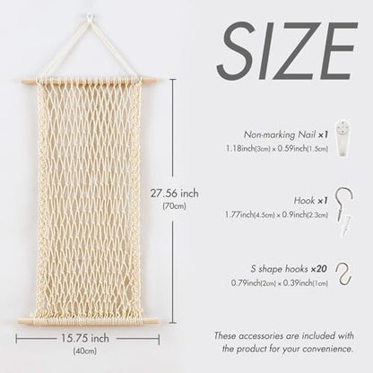 Hanging Jewelry Mesh Organizer with 20 Pieces S Shape Hooks | Macrame,Wall Mounted,Necklaces Storage,Earring Display Rack,Girls Hair Clips Hanger,for Bracelets and Rings, Yellow Cotton - color: Yellow cotton