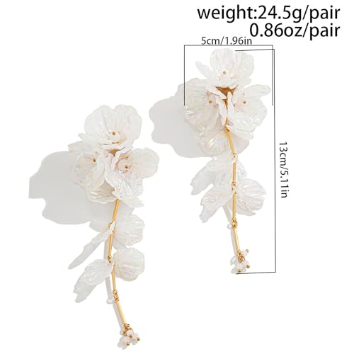 Fabric Flower Earrings for Women Colorful Long Tassel Floral Drop Earrings Fashion Boho Exaggerated Statement Beach Party Jewelry - color: acrylic white