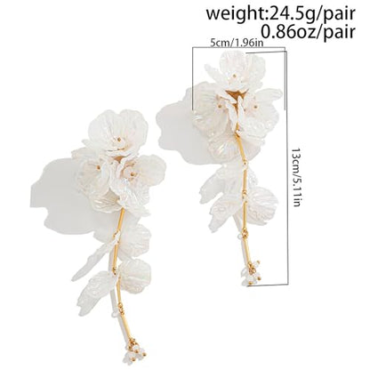 Fabric Flower Earrings for Women Colorful Long Tassel Floral Drop Earrings Fashion Boho Exaggerated Statement Beach Party Jewelry - color: acrylic white