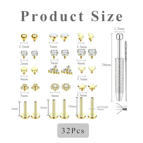 32PCS Gold Flat Back Earrings Set, Nose Piercings Cartilage Earrings for Women Tragus Piercing Jewelrys, Tragus Jewelry Lip Piercing Jewelrys, Labret Piercings Jewelry Flat Back Nose Stud