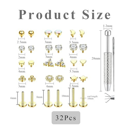 32PCS Gold Flat Back Earrings Set, Nose Piercings Cartilage Earrings for Women Tragus Piercing Jewelrys, Tragus Jewelry Lip Piercing Jewelrys, Labret Piercings Jewelry Flat Back Nose Stud