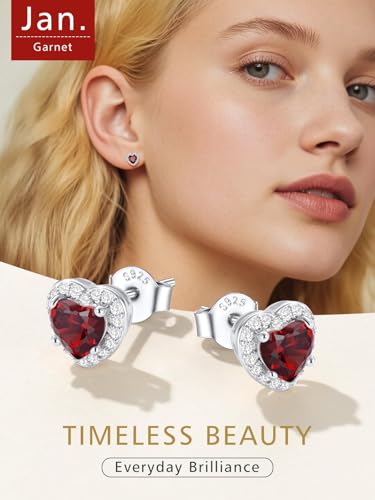 FindChic Birthstone Earrings for Women, Round/Heart/Square/Teardrop Earrings with 925 Sterling Silver Posts & Push Backs, Hypoallergenic Studs with Cubic Zirconia, 12 Months Jewelry with Gift Box - style: 01. January-Garnet (Heart-Silver)