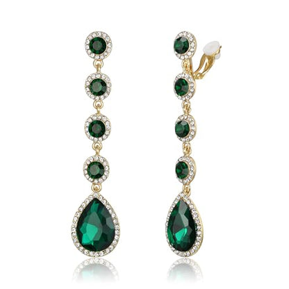 EleQueen Women's Wedding Crystal Teardrop Pear Shape 3 Inch Clip on Long Dangle Earrings for Bride Bridesmaid, Jewelry for Party Prom/Anniversary - color: Green Gold-Tone