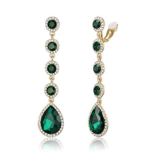 EleQueen Women's Wedding Crystal Teardrop Pear Shape 3 Inch Clip on Long Dangle Earrings for Bride Bridesmaid, Jewelry for Party Prom/Anniversary - color: Green Gold-Tone