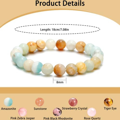 COLOYAN 7 Pcs 8mm Natural Stone Beaded Healing Crystal Bracelets for Women | Durable Handmade Stretch Bracelets, Multiple Styles,Semi-Precious Gemstones Reiki Spiritual Jewelry Gift Meditation Yoga - color: C