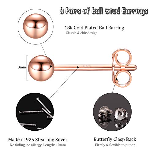 EPIRORA Sterling Silver Stud Earrings for Women Men- 3 Pairs 3mm Tiny Ball Stud Earrings Round CZ Earrings Pearl Earrings Set Cartilage Small Tragus Earrings - style: 3 Pairs-Round Ball Earrings(Rose Gold)