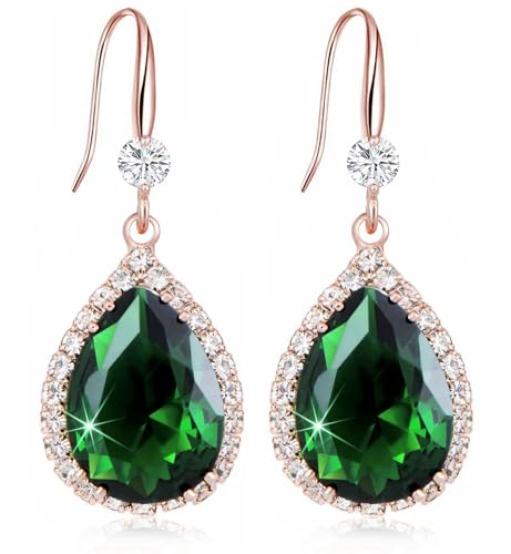 Crystal Drop Earrings for Women Cubic Zirconia Teardrop Earrings Sparkling Rhinestone Dangle Earring - color: Gold Green