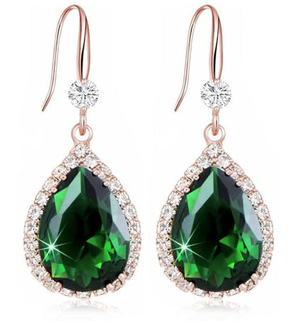 Crystal Drop Earrings for Women Cubic Zirconia Teardrop Earrings Sparkling Rhinestone Dangle Earring - color: Gold Green