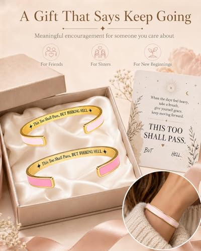 This Too Shall Pass Mantra Cuff Bracelet, BUT FUCKING HELL Engarved Hidden Message Code Motivational Bangle Inspirational Jewelry Encouragement Gifts for Women - color: Green Gold