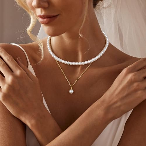 Gold Pearl Necklaces for Women - White Pearls Jewelry Gifts Wedding Bride Bridesmaid Jewelry - color: Gold-Layered Pearl Choker