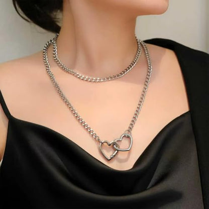 Heart Slip Chain Necklace for Women, 36 Inch Gothic Punk Cuban Chain, Removable Black Heart O-Ring, Detachable Heart Pendant, Adjustable Stainless Steel Y-Necklace. - color: Silver Heart-2