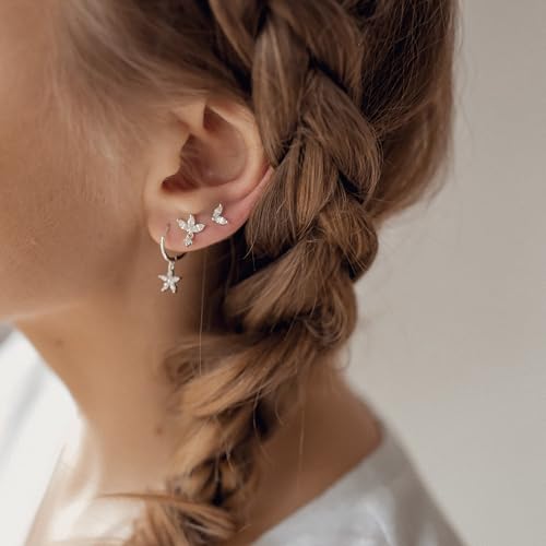 Sterling Silver Earrings Stacks for Women, Hypoallergenic Cartilage Earring | Dainty Stud Huggie Hoop Dangle Chain Earrings, 14K Gold/White Gold Plated - color: 3Pairs-Flower CZ Set-Silver