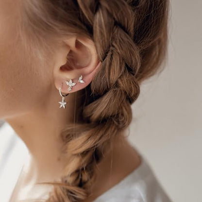 Sterling Silver Earrings Stacks for Women, Hypoallergenic Cartilage Earring | Dainty Stud Huggie Hoop Dangle Chain Earrings, 14K Gold/White Gold Plated - color: 3Pairs-Flower CZ Set-Silver