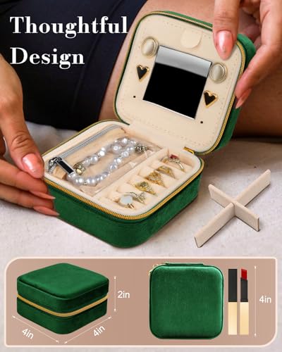 Bistup Travel Jewelry Case - Small Jewelry Organizers and Storage Box for Women Girls Teens Cute Traveling Jewelry Holder with Mirror Little Tiny Compact Modern Unique Aesthetic Pretty, Geen - style: All Green