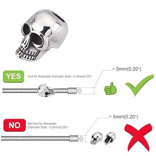 Elecrelive 10Pcs Halloween Skull Beads Skeleton Skull Head Stainless Steel Large Hole Beads for Gothic Necklace Bracelets Earrings Jewelry Making - color: Matte Silver