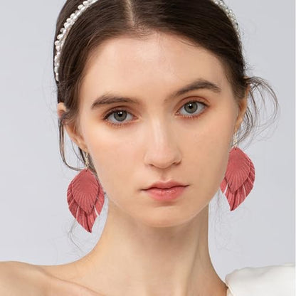 Handmade Bohemian Large Soft Genuine Leather Fringe Double Feather Dangle Drop Earrings Lightweight Simple Color PU Leaf Hook Earrings for Women - color: Meat Pink