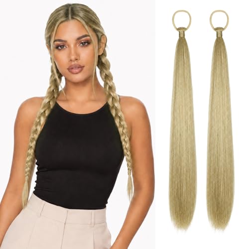 Ponytail Extension with Hair Tie, 26 Inches, 2 PCS | Mixed Blonde Yaki Straight DIY Braided Hairpieces Sleek Light and Soft Fluffy Stayle Ponytail for Women Daily Party Use - color: Mixed Blonde